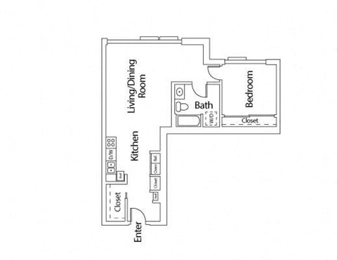 Floor plan for 1 bed, 1 bath, 704 sqft